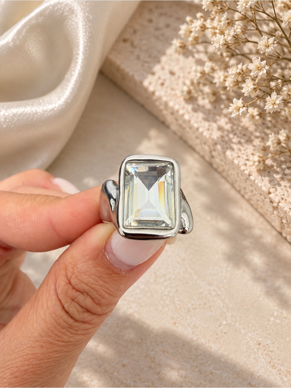 Silver Emerald Cut Crystal Statement Ring